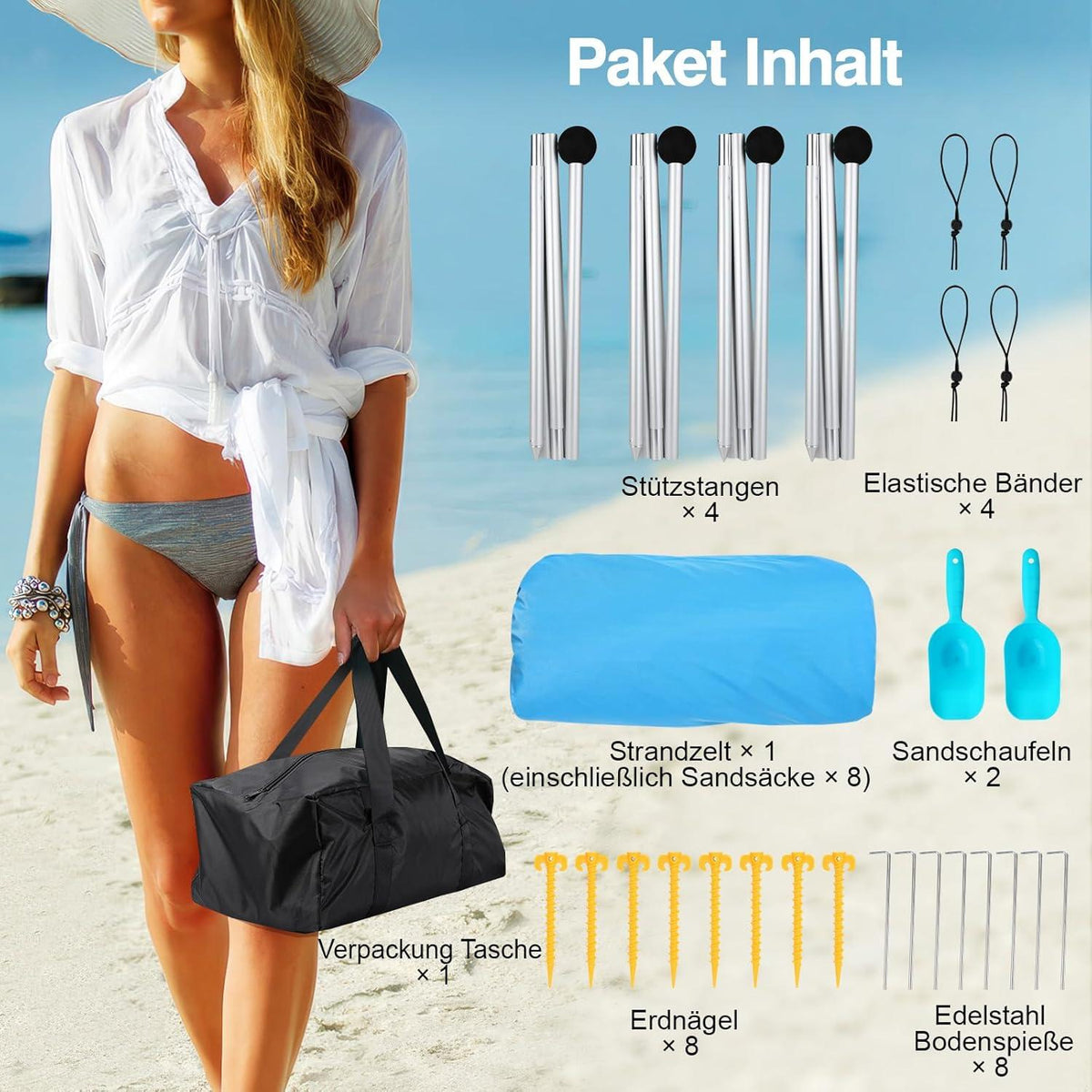 Rhino Valley Strandmuschel UPF50+ Sonnenschutz 8 Sandschaufeln 4 Stangen