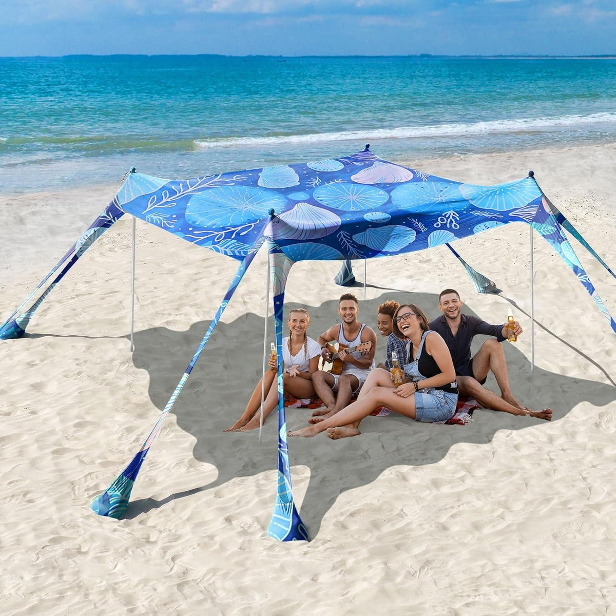 Strandmuschel Sonnenschutz UPF50+ mit Sandschaufeln und Stangen