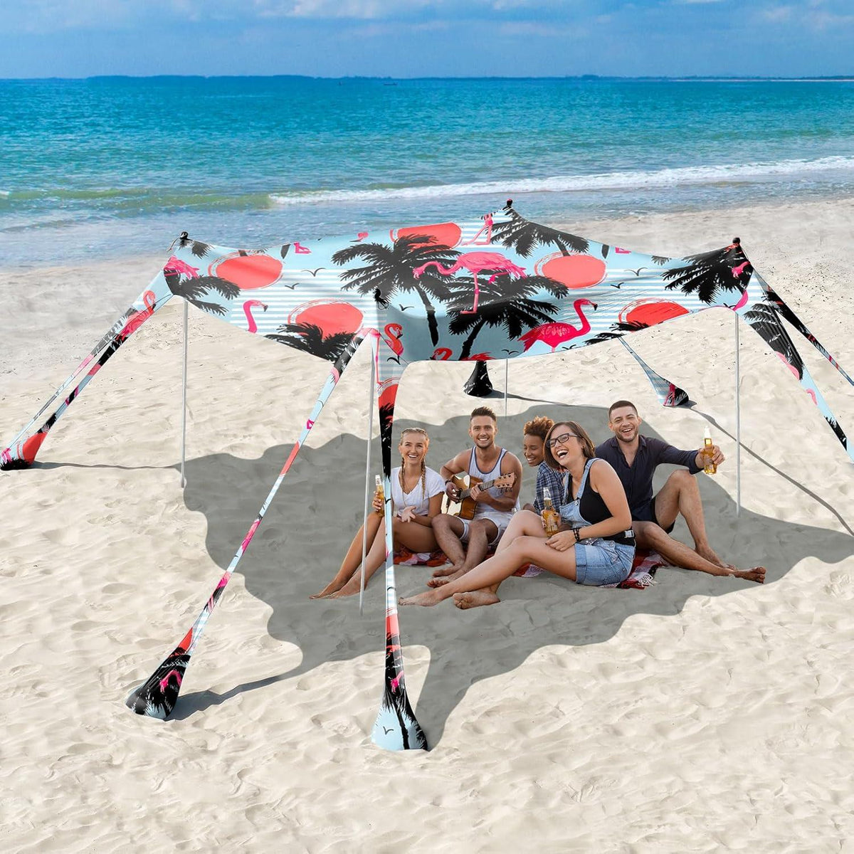 Strandmuschel mit UPF50+ Sonnenschutz, 8 Sandschaufeln, 4 Stangen