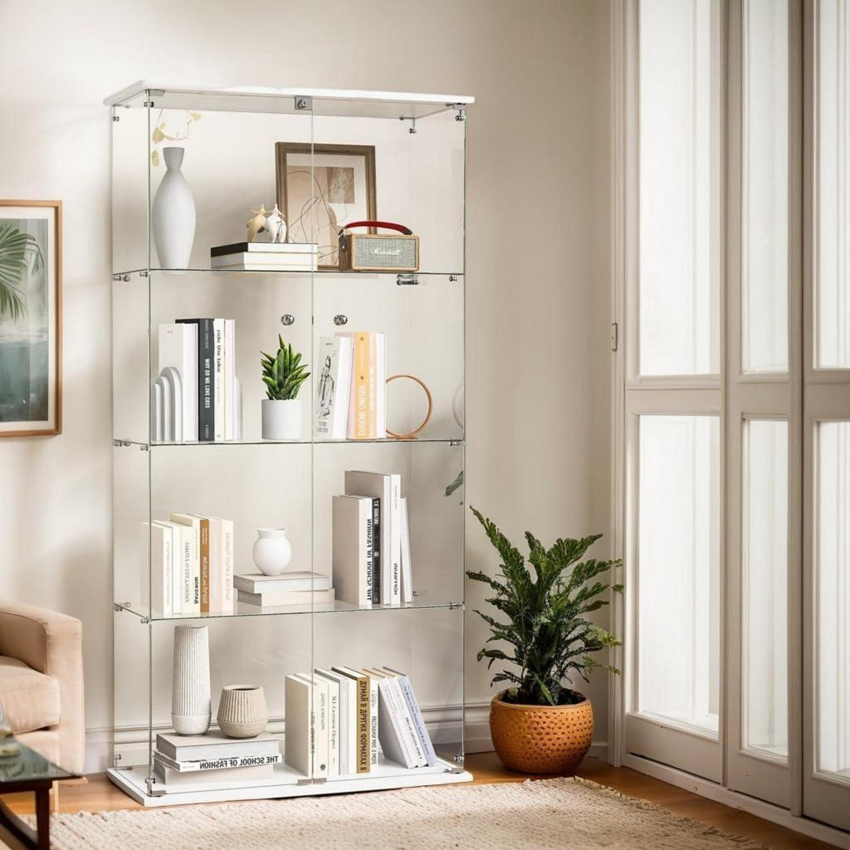 Glasvitrine Standvitrine weiß, 2 Türen, 4 Etagen