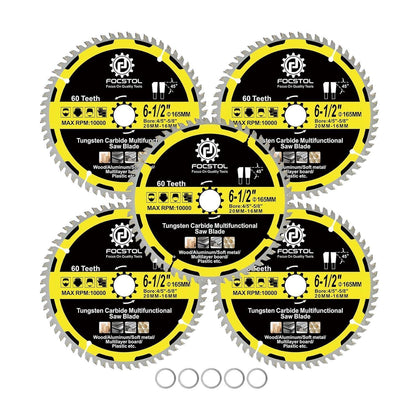 Kreissägeblatt Holz 165mm 60 Zähne für Metall & Kunststoff (5er-Set)