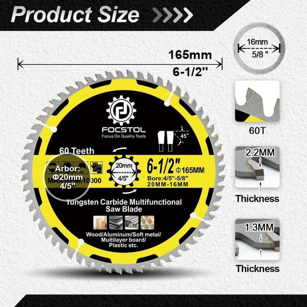 Kreissägeblatt Holz 165mm 60 Zähne für Metall & Kunststoff (5er-Set)