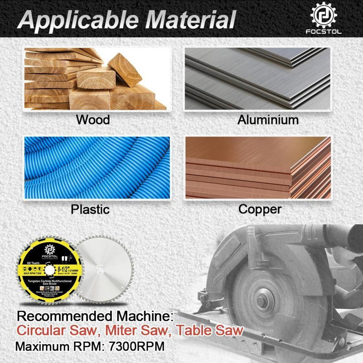 Kreissägeblatt Holz 216mm 60 Zähne für Metall & Kunststoff