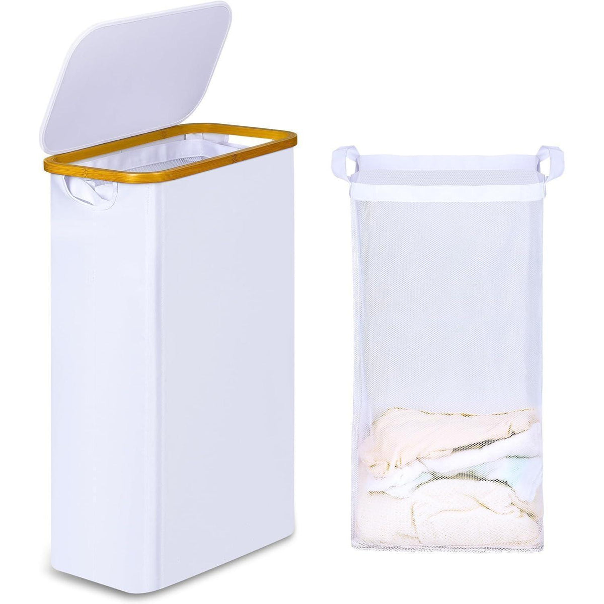 Schmaler Wäschekorb mit Deckel und Innentasche, 60L, Weiß