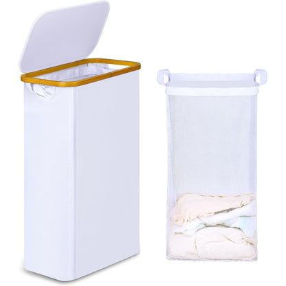 Schmaler Wäschekorb mit Deckel und Innentasche, 60L, Weiß