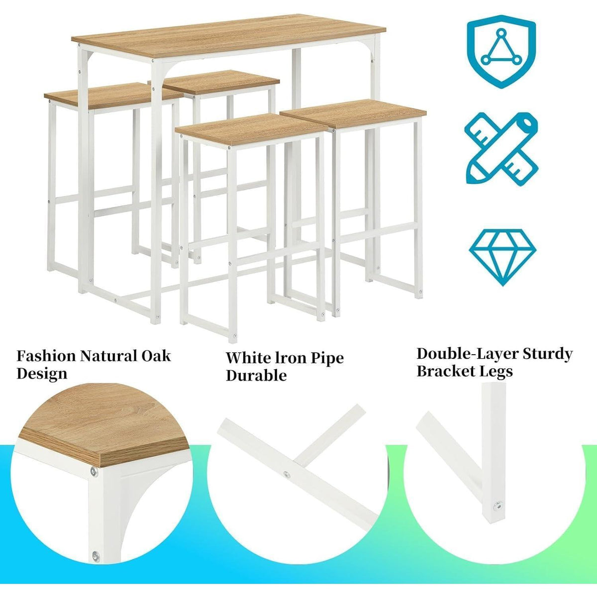 Bartisch Set mit 4 Barhockern – Industriestil Eiche & Weiß