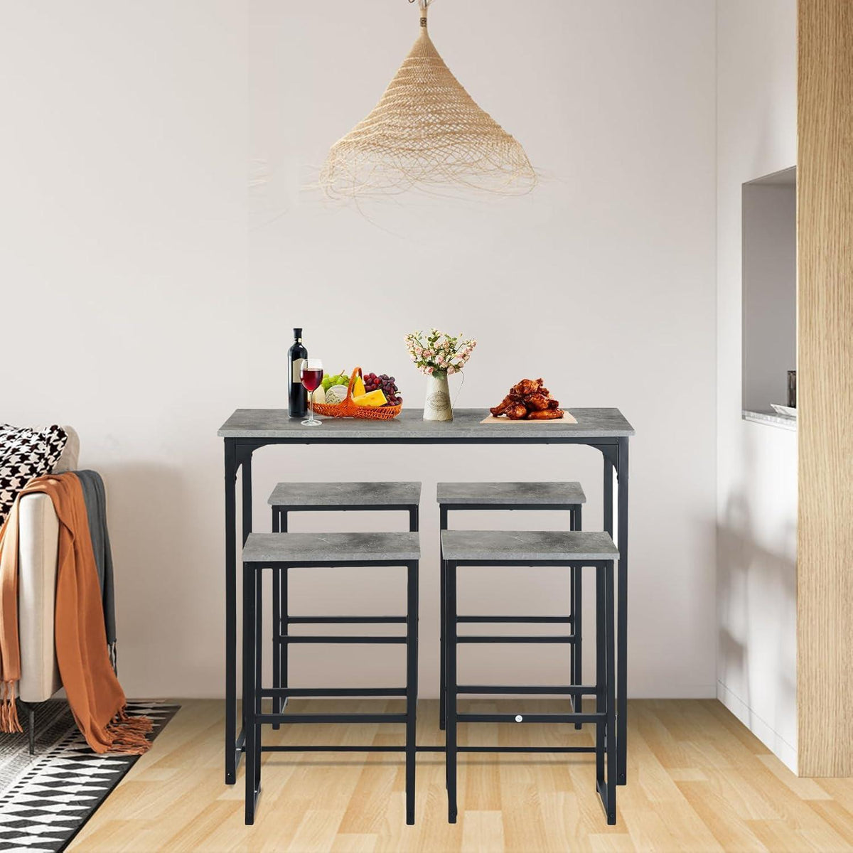 Bartisch Set mit 4 Barhockern – Industriestil Grau