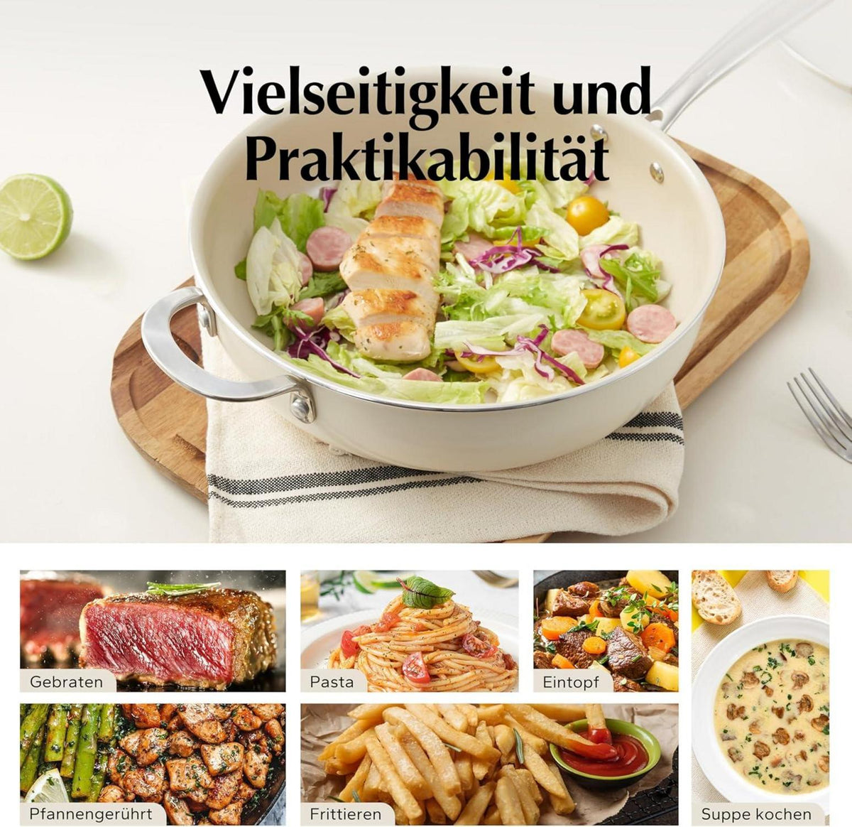 Redchef 28cm Keramikpfanne Induktion mit Deckel Beige