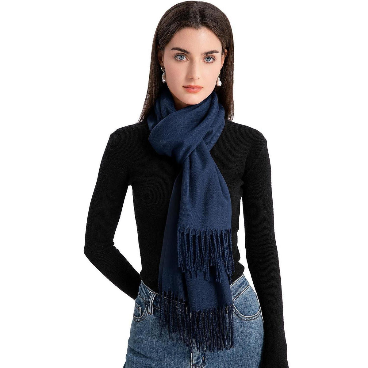 Langer Winterschal Damen mit Fransen Navy Blau