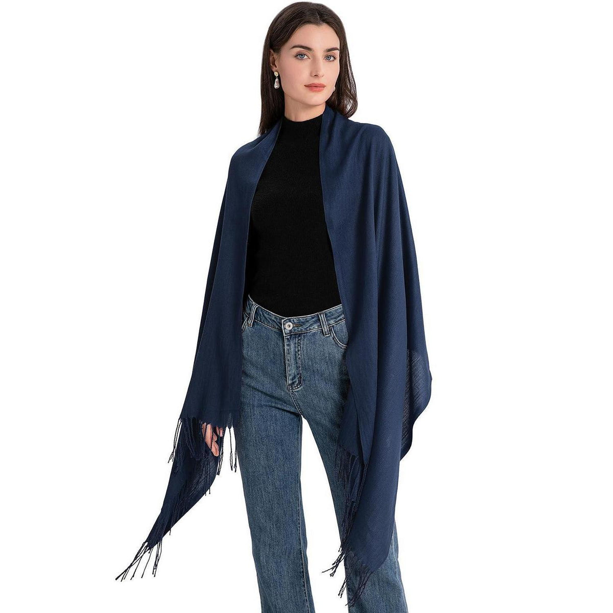 Langer Winterschal Damen mit Fransen Navy Blau