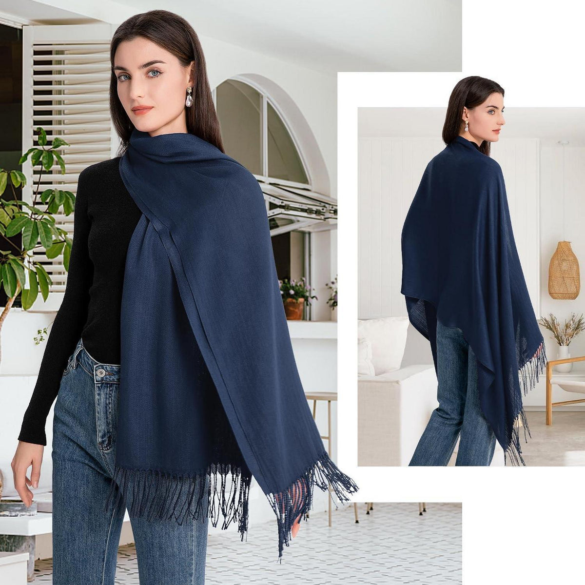 Langer Winterschal Damen mit Fransen Navy Blau