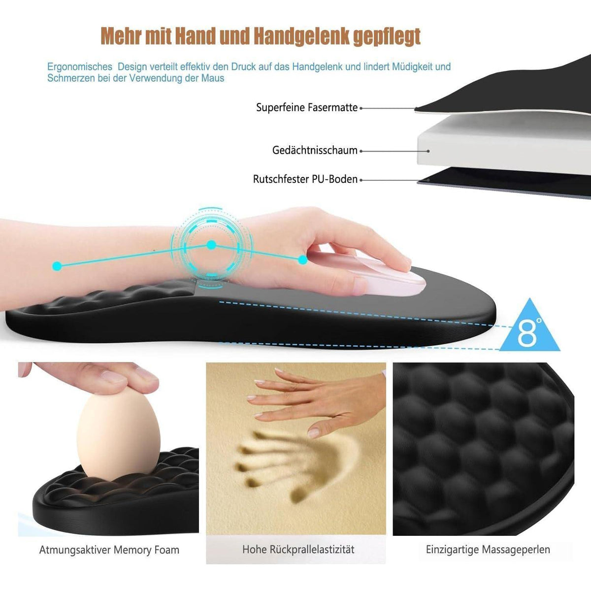 Ergonomisches Mauspad mit Handgelenkauflage aus Memory-Schaum (Schwarz)