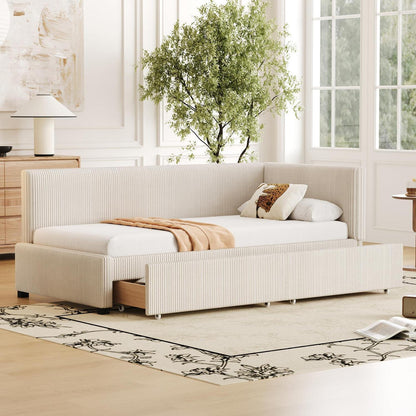 Schlafsofa Cord Beige 90x200 cm mit Stauraum & Lattenrost