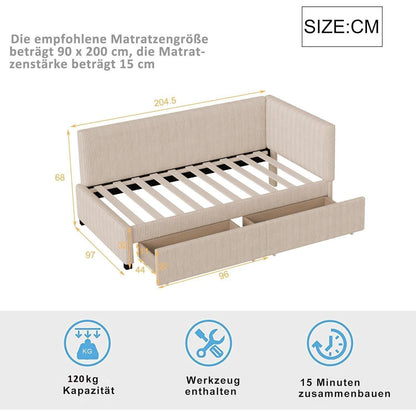 Schlafsofa Cord Beige 90x200 cm mit Stauraum & Lattenrost