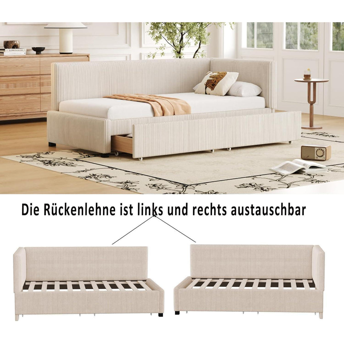 Schlafsofa Cord Beige 90x200 cm mit Stauraum & Lattenrost