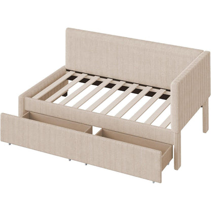 Schlafsofa Cord Beige 90x200 cm mit Stauraum & Lattenrost