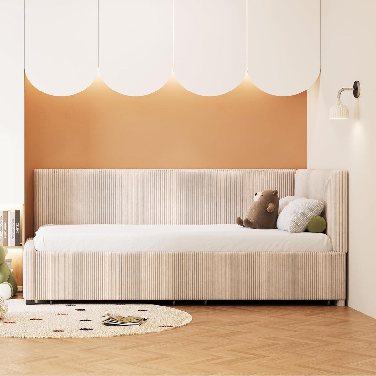 Schlafsofa Cord Beige 90x200 cm mit Stauraum & Lattenrost