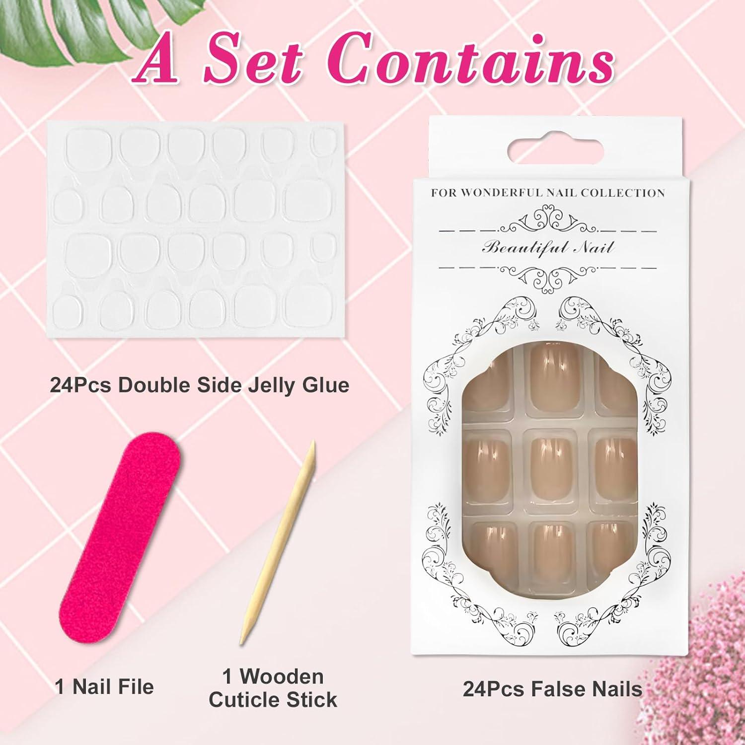 24 French Press on Nails Nude Acryl Full Cover Eckig Glossy Künstliche Nägel