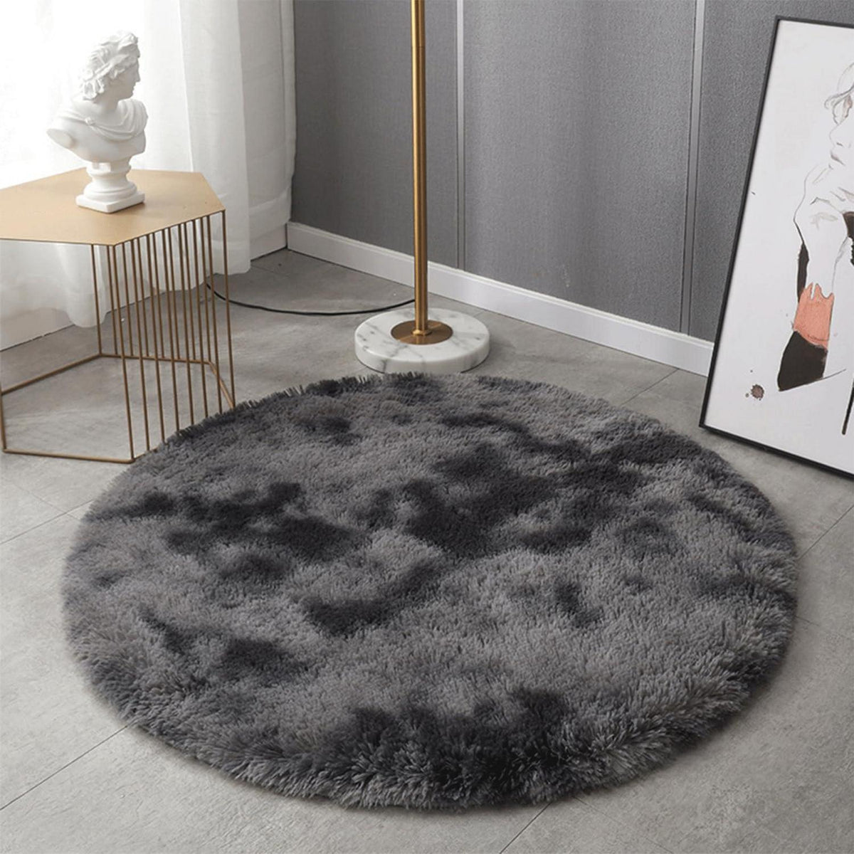 Runder Teppich Grau Hochflor Flauschig Weich Wohnzimmer Schlafzimmer