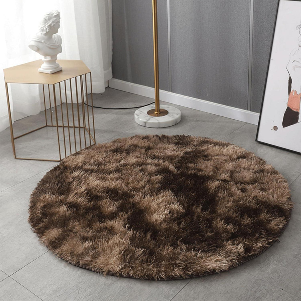 Runder Teppich Hochflor Flauschig Dunkelbraun 140cm Wohnzimmer Schlafzimmer