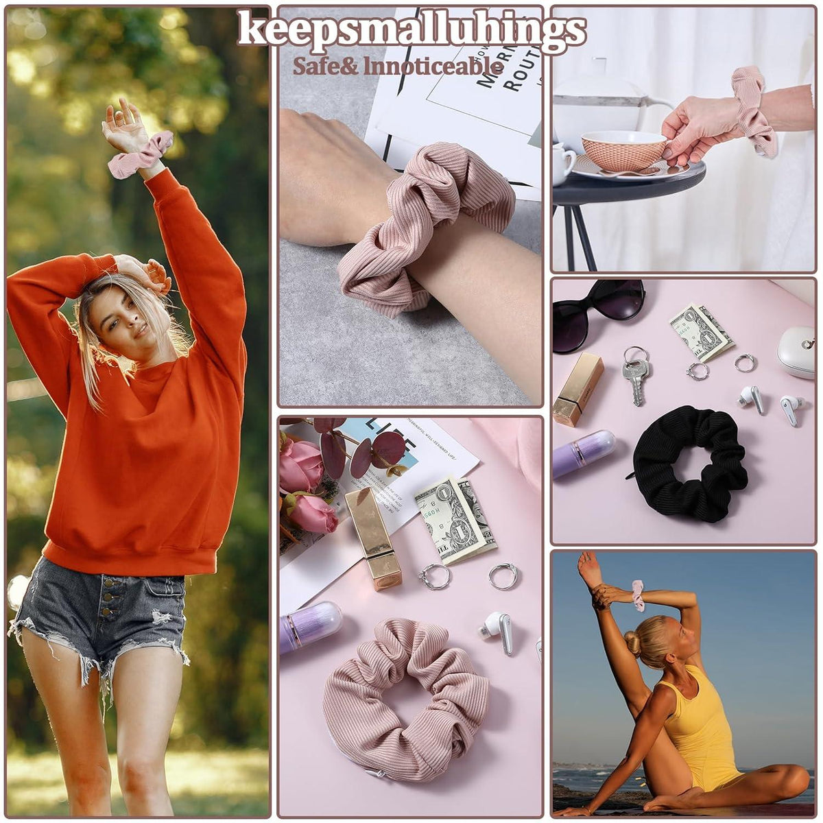 4er Set Damen Scrunchies Haargummi mit Reißverschluss Tasche Hair Aufbewahrung