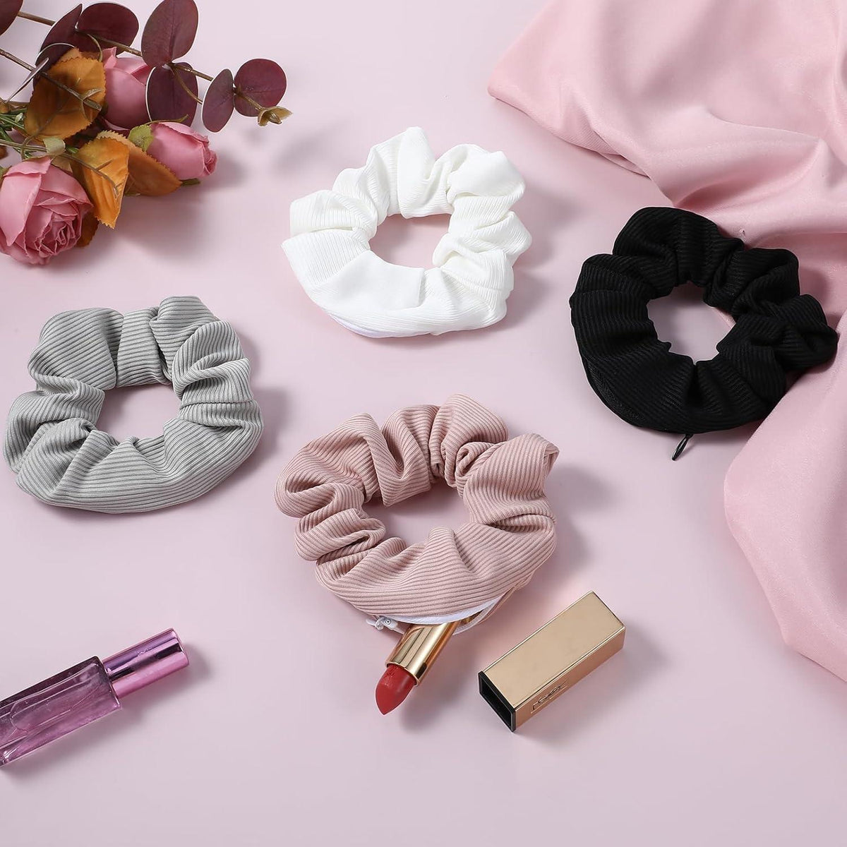 4er Set Damen Scrunchies Haargummi mit Reißverschluss und Tasche