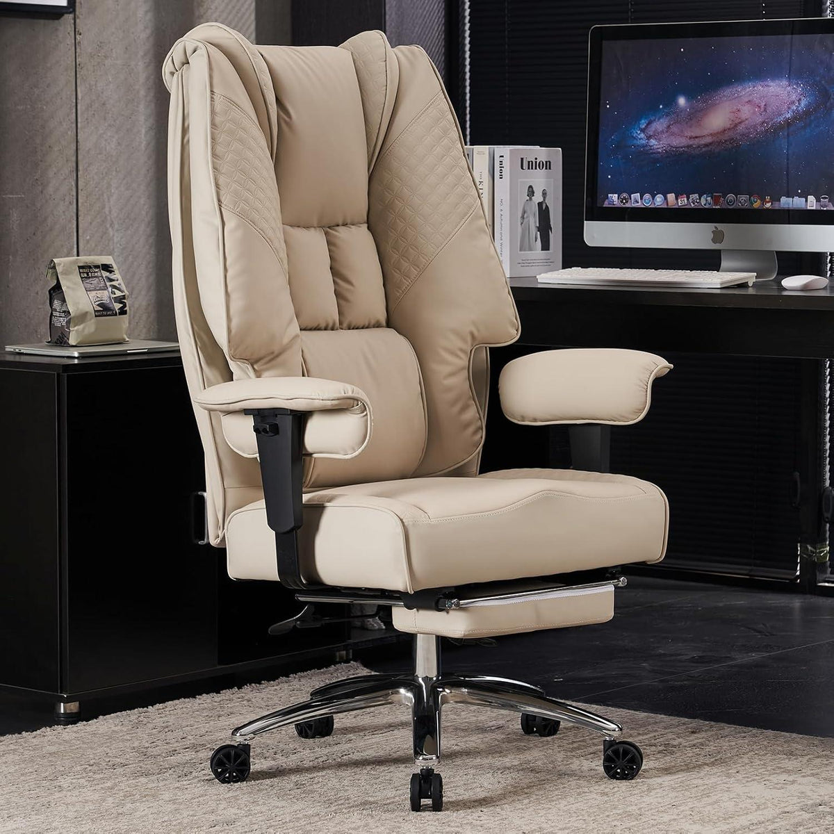 Ergonomischer Chefsessel mit Hoher Rückenlehne und PU Leder - BEIGE