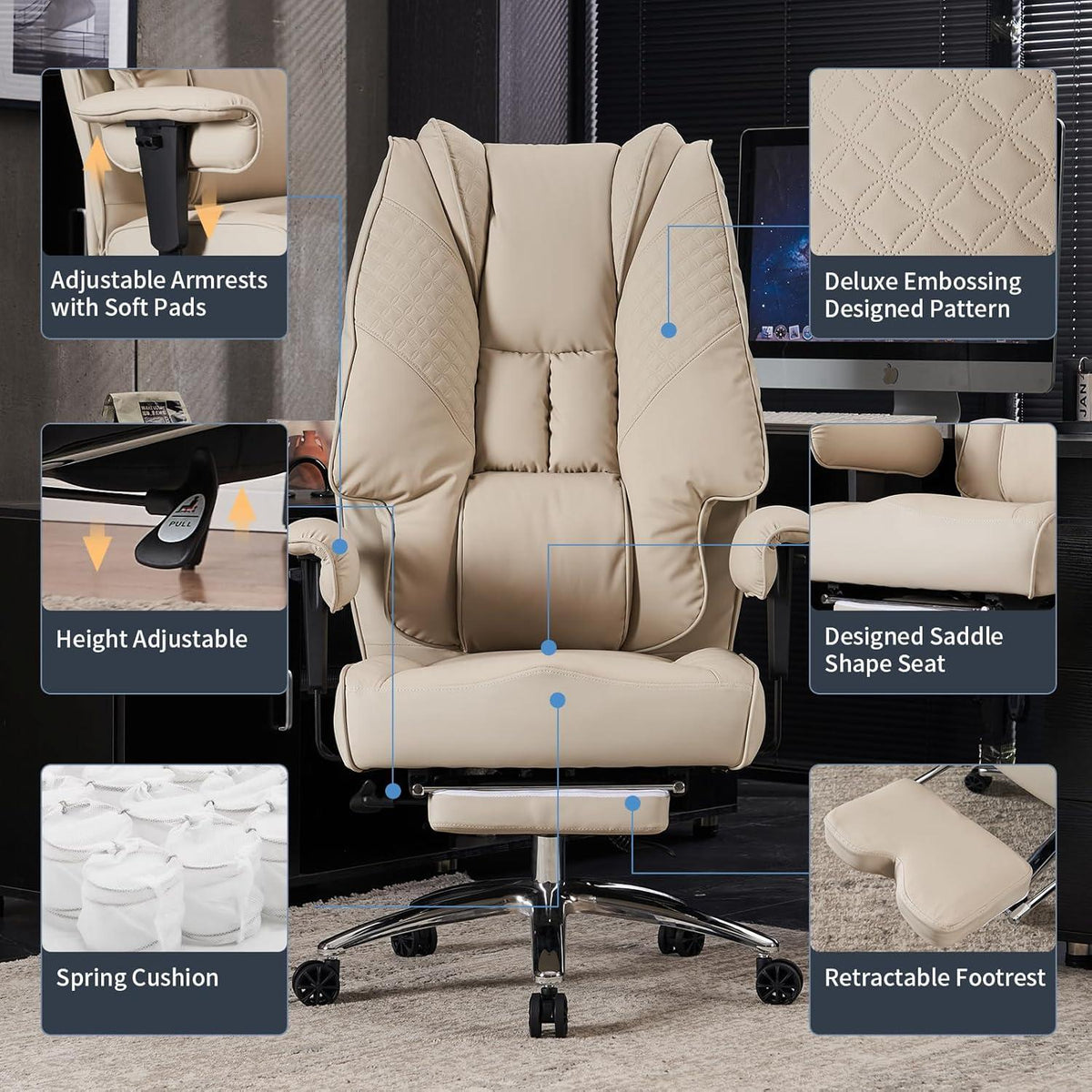 Ergonomischer Chefsessel mit Hoher Rückenlehne und PU Leder - BEIGE