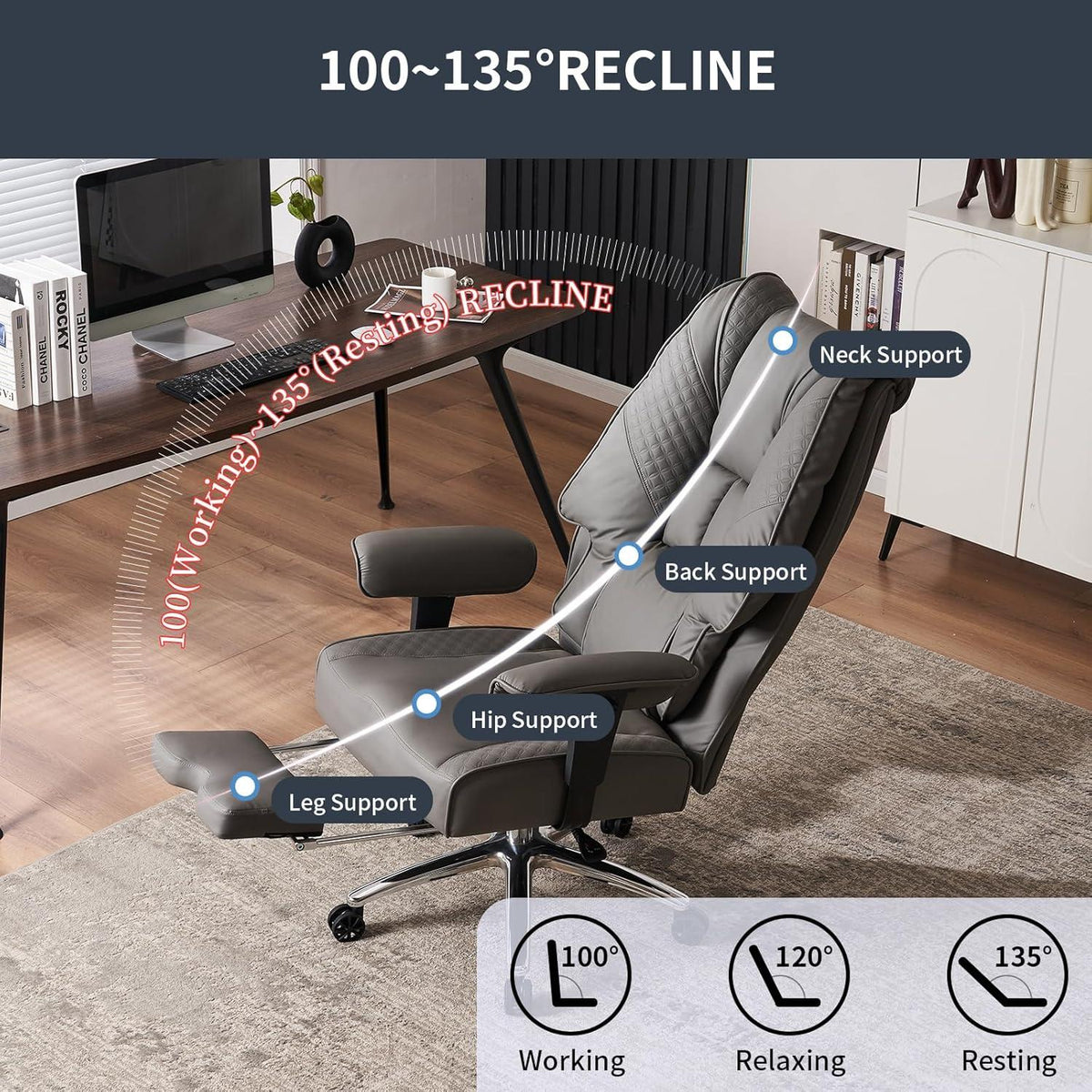 Ergonomischer Chefsessel Hohe Rückenlehne Verstellbar Armlehnen PU Leder Bürostuhl GRAU