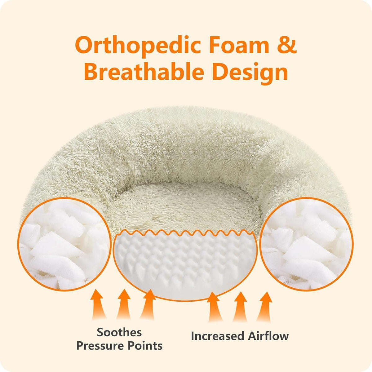 Orthopädisches Hundebett rund, kuschelig, waschbar, 70 cm Ø, Beige