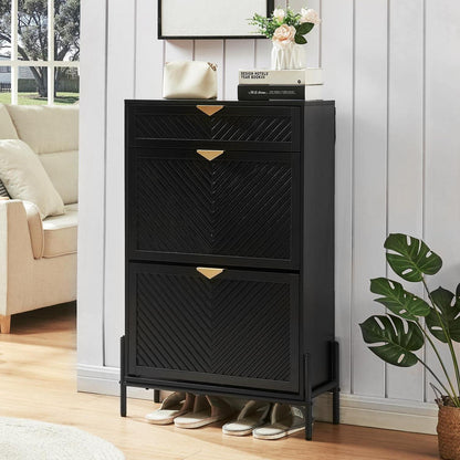 Schmaler Schuhschrank mit Klappe & Schublade, Schwarz