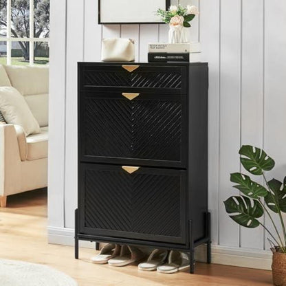 Schmaler Schuhschrank mit Klappe & Schublade, Schwarz