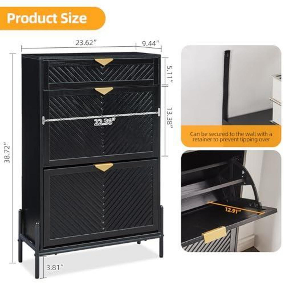 Schmaler Schuhschrank mit Klappe & Schublade, Schwarz