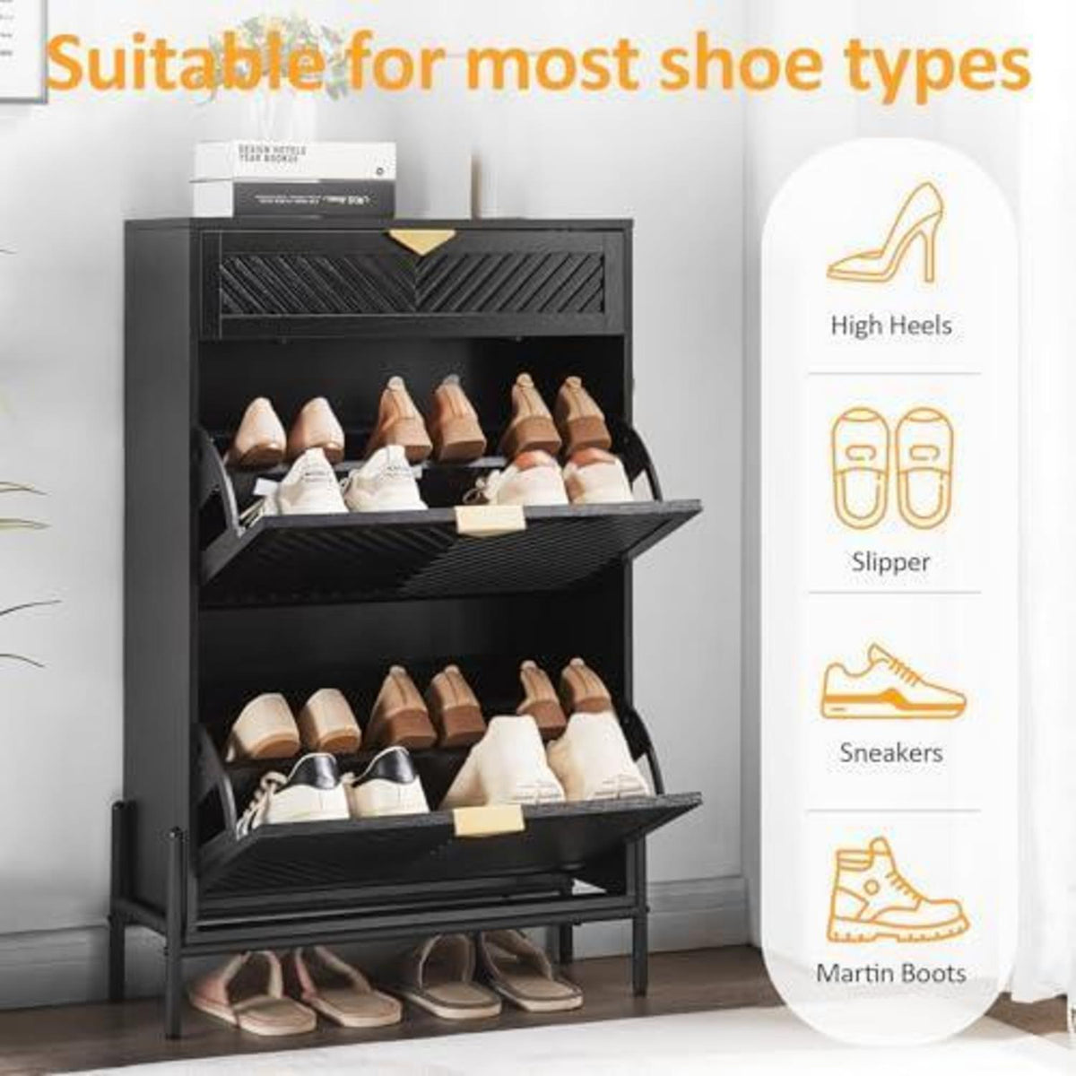 Schmaler Schuhschrank mit Klappe & Schublade, Schwarz