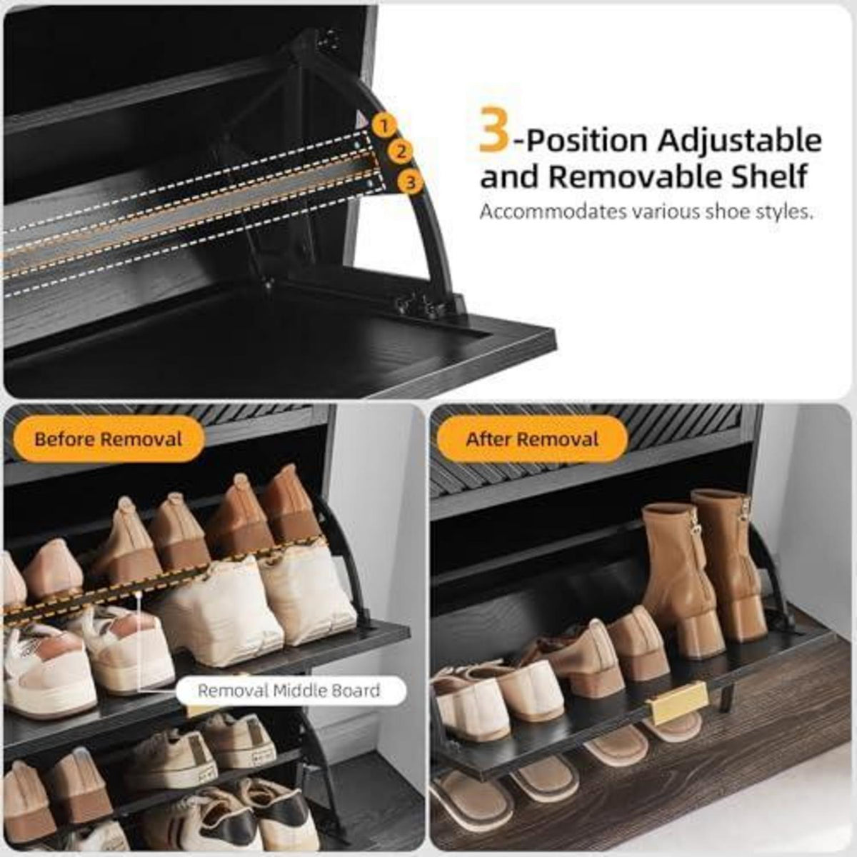 Schmaler Schuhschrank mit Klappe & Schublade, Schwarz