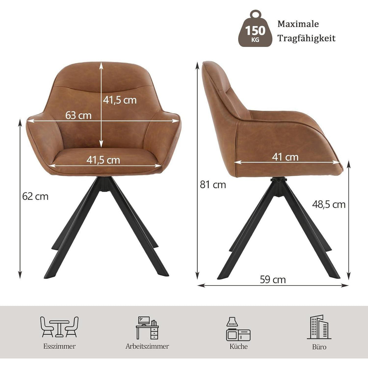 Drehbarer Esszimmerstuhl 2er Set Braun mit Armlehne