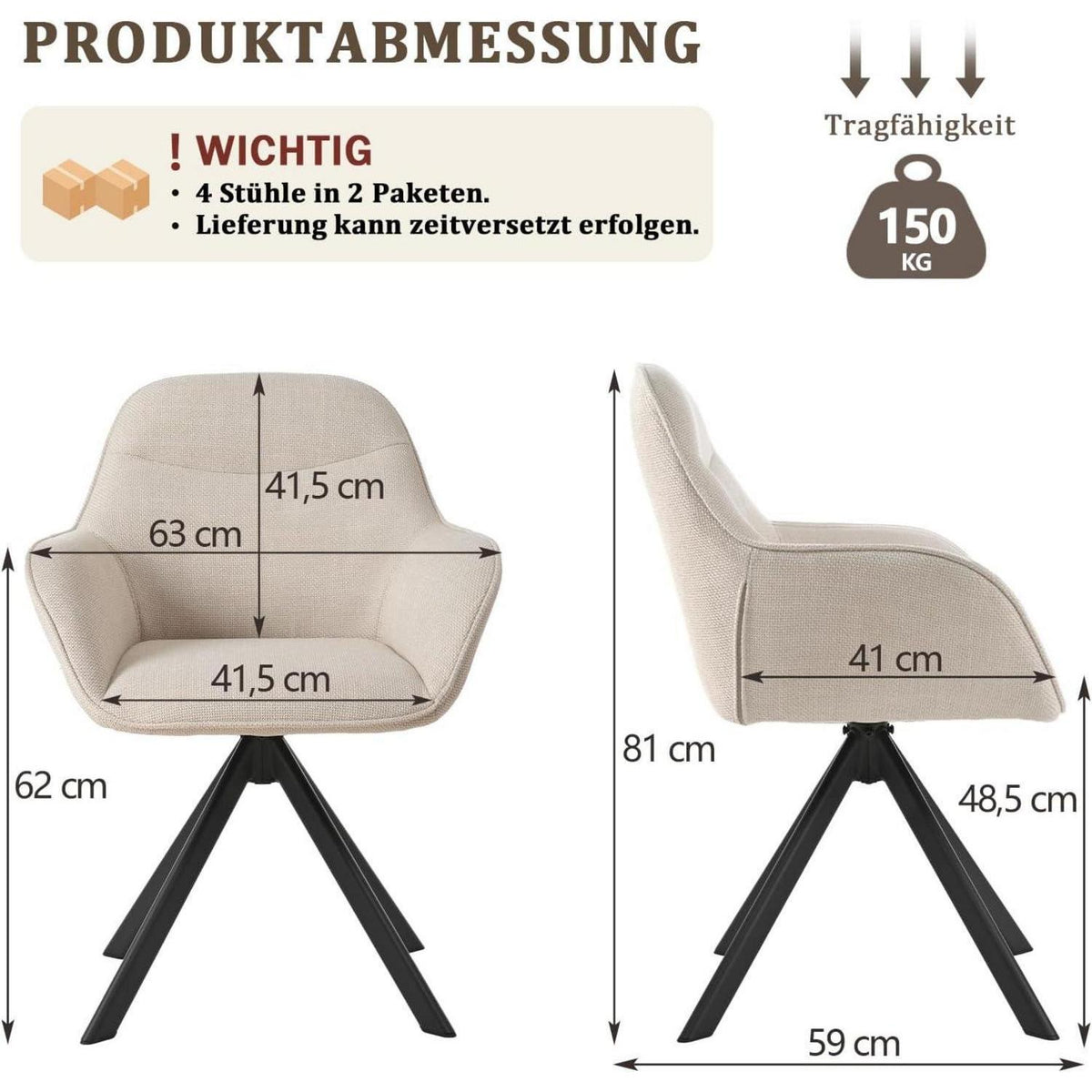 Drehbarer Esszimmerstuhl Beige 4er Set mit Armlehnen