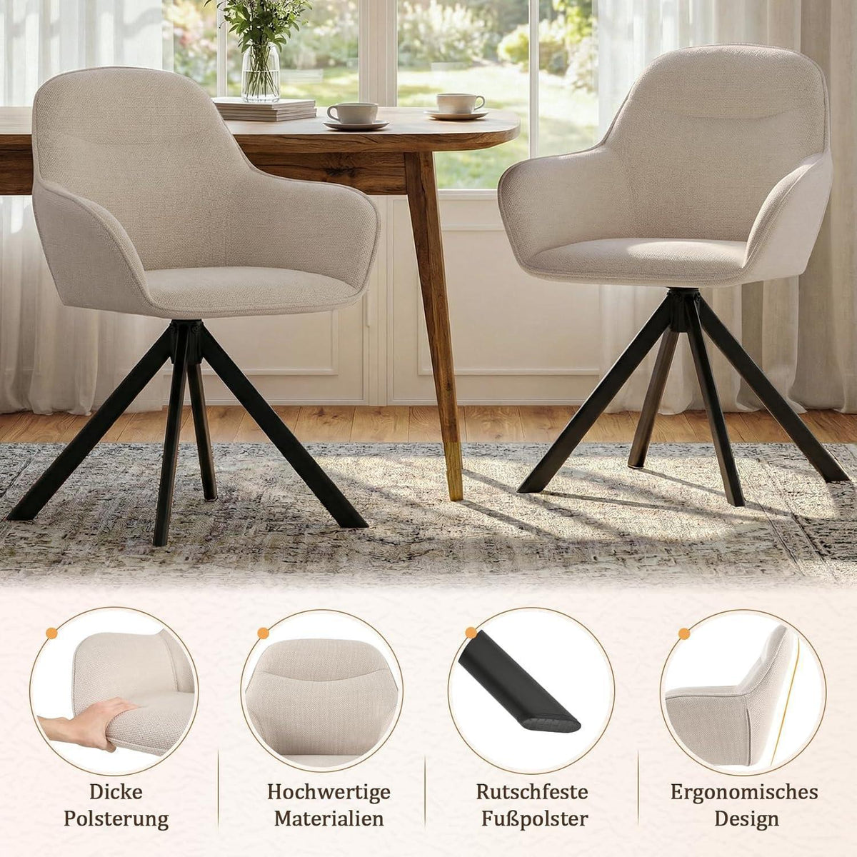 Drehbarer Esszimmerstuhl Beige 4er Set mit Armlehnen