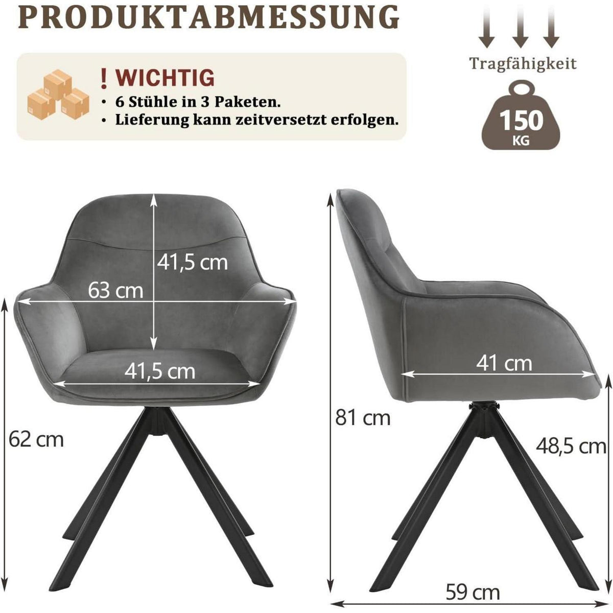 Drehbarer Esszimmerstuhl Set 6x – Dunkelgrau, Samt & Metall