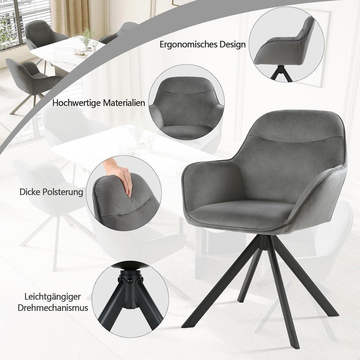 Drehbarer Esszimmerstuhl Set 6x – Dunkelgrau, Samt & Metall