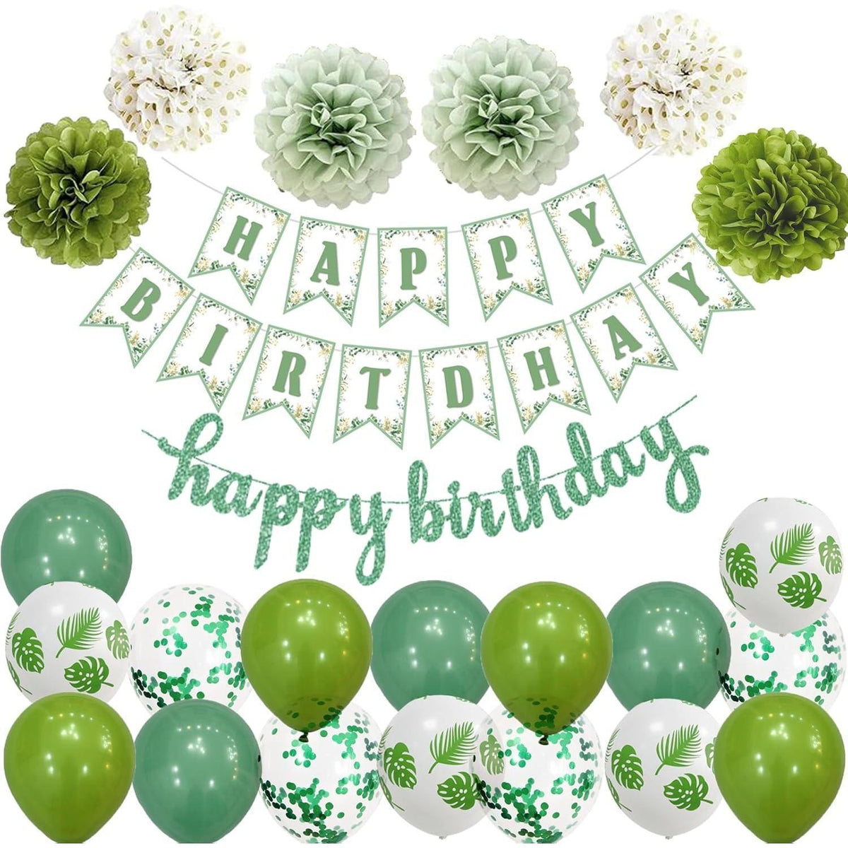 Geburtstagsdeko Set Eukalyptus Grün Weiß Girlande & Luftballons