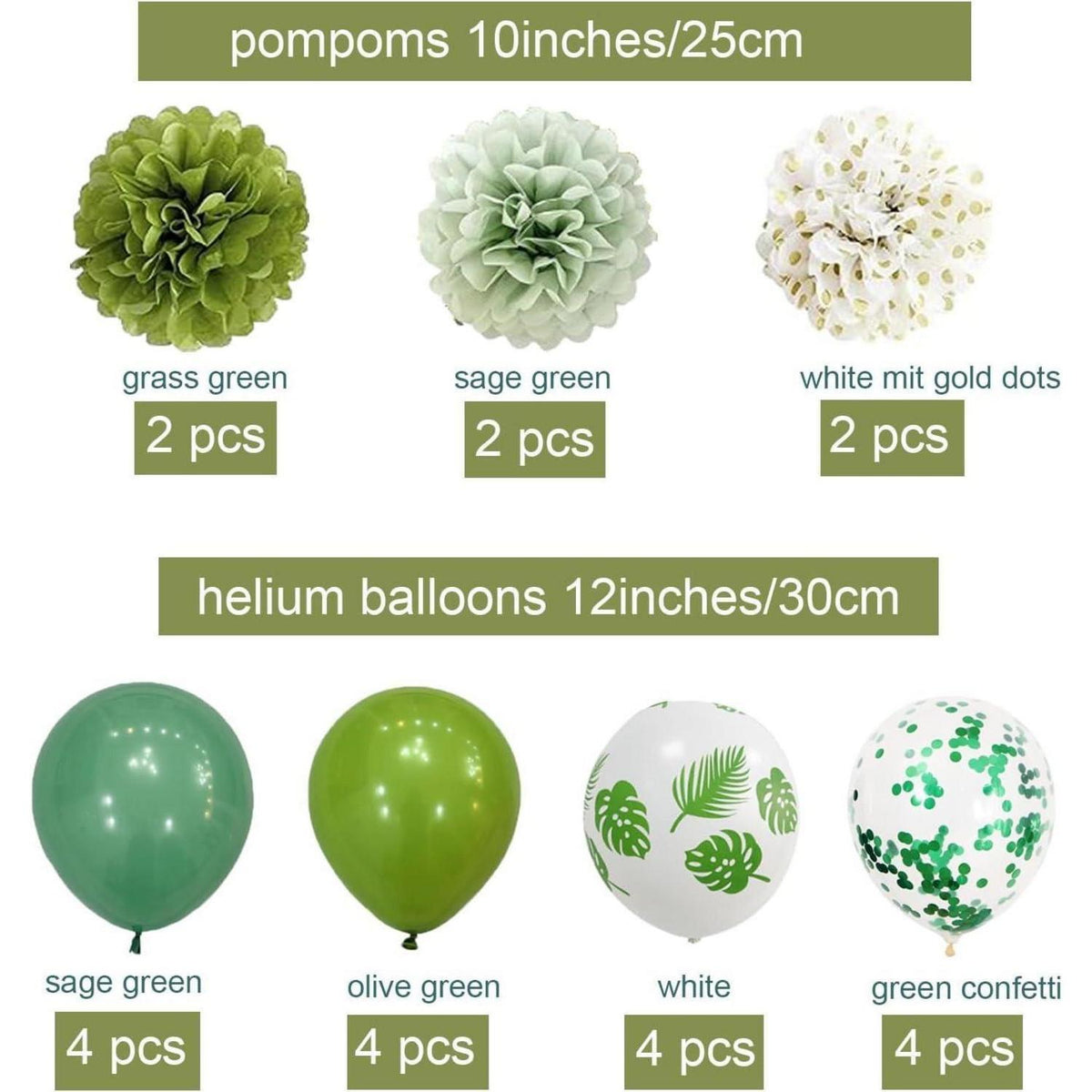 Geburtstagsdeko Set Eukalyptus Grün Weiß Girlande & Luftballons