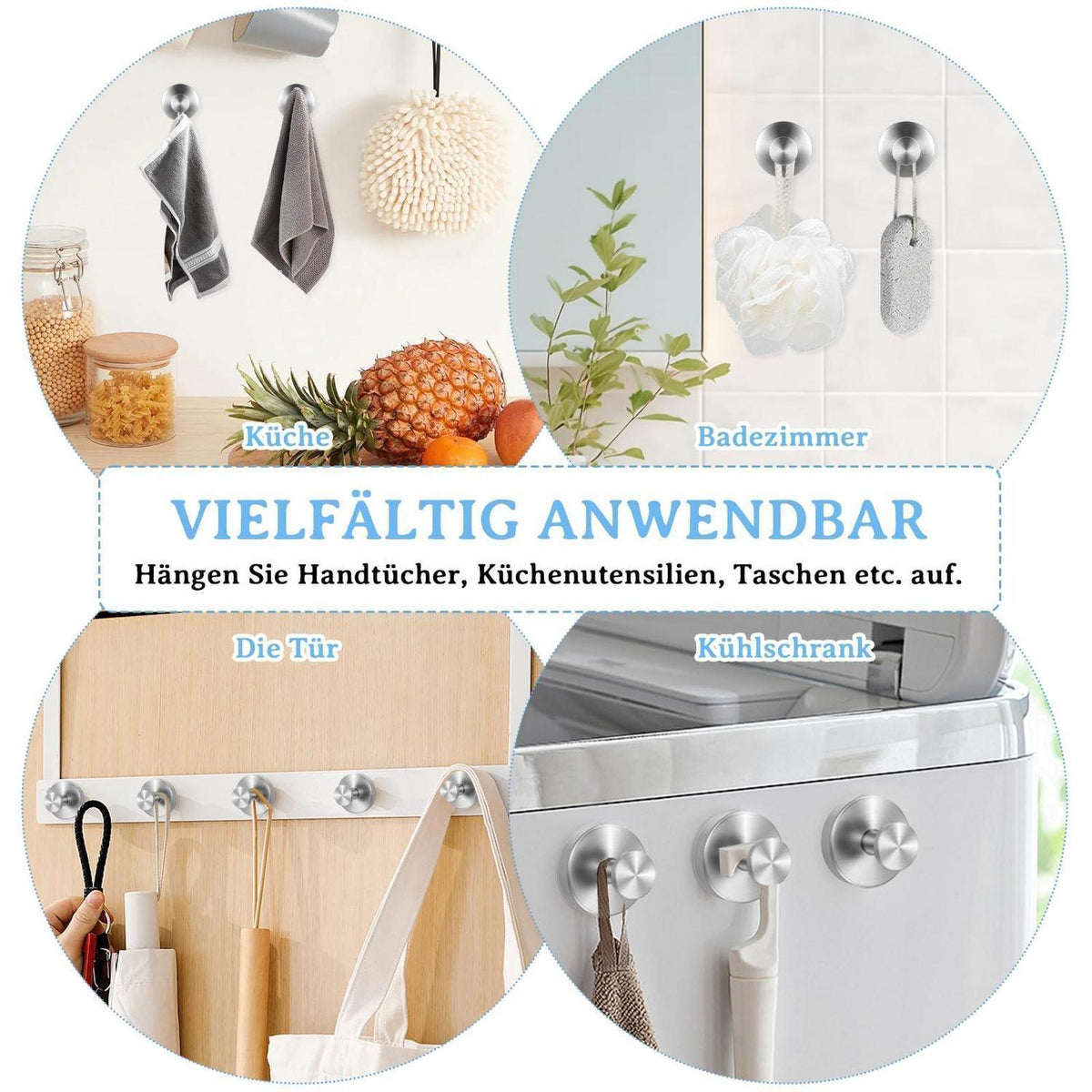 4x Edelstahl Saugnapf Haken - Handtuchhalter Bad Küche