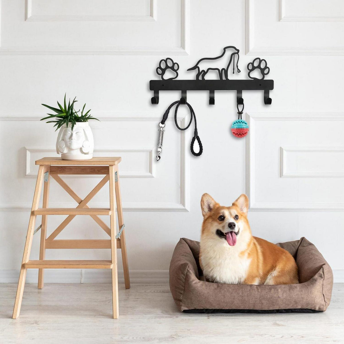 Hundegarderobe mit 5 Haken und Pfotenabdruck-Design