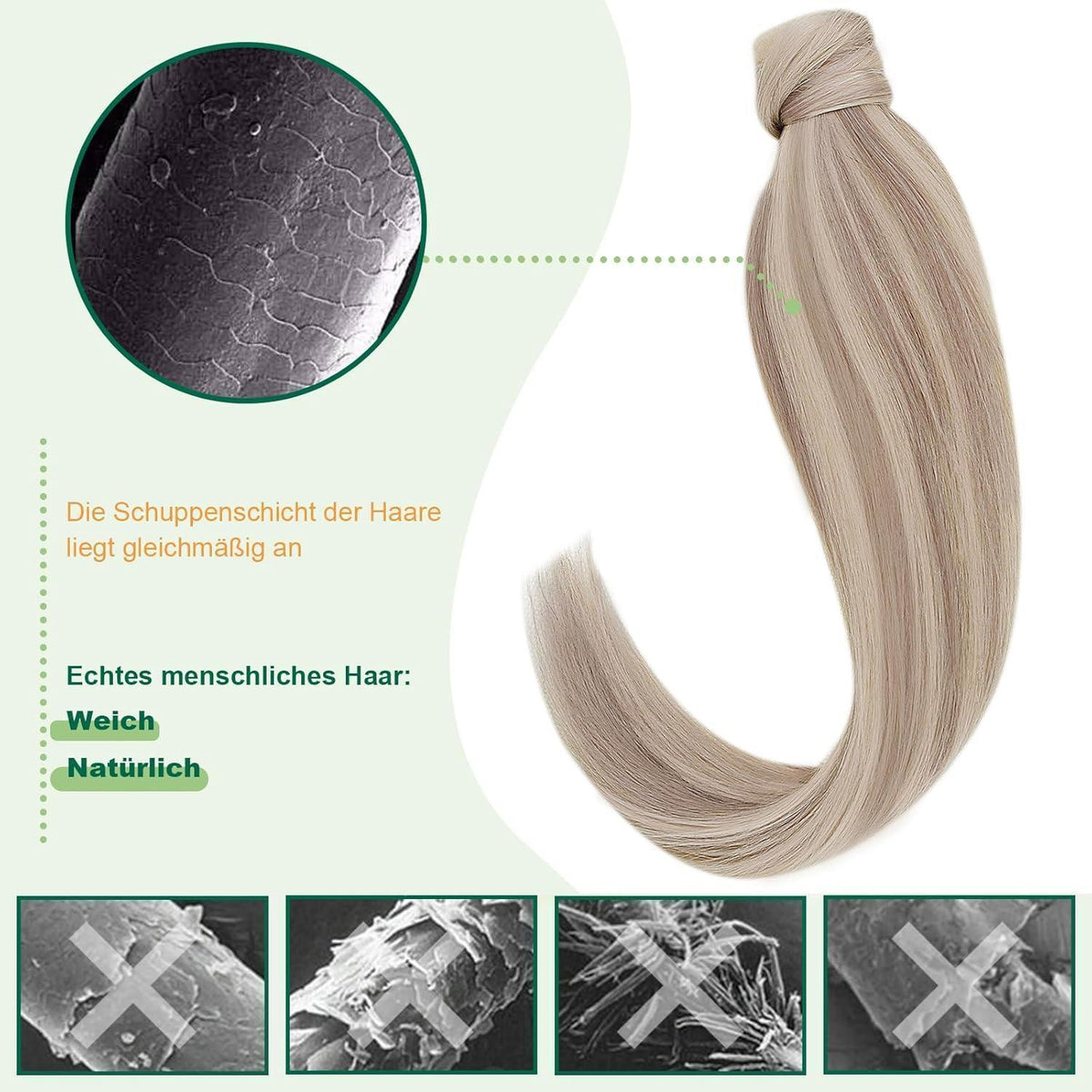 Echthaar Pferdeschwanz Extension Aschblond Mix Gelb Blond 40cm