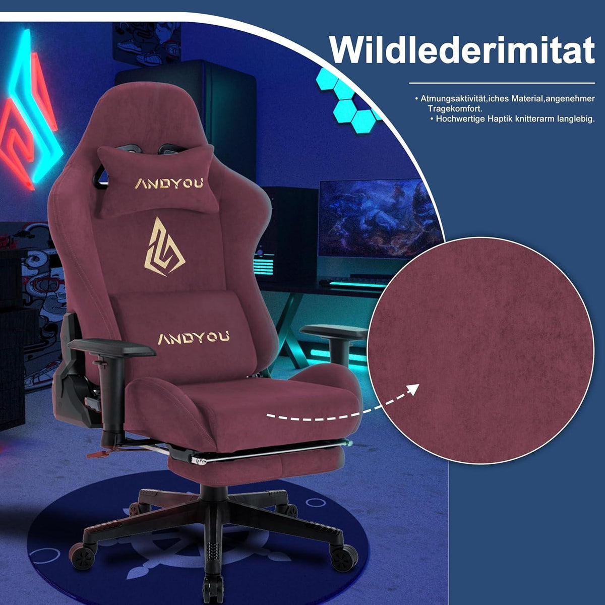 Andyou Gaming Stuhl mit Fußstütze, Ergonomischer PC Stuhl Rot