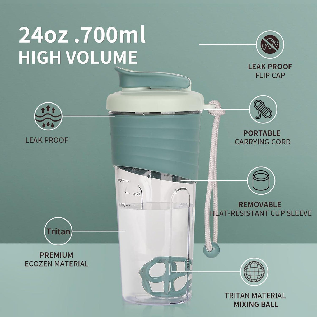 Protein Shaker 700ml Tritan BPA-frei Silikongriff Fitness Flasche Blau