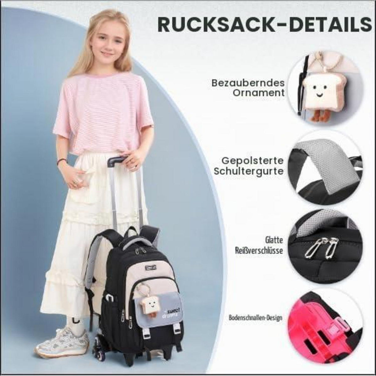 Schulrucksack Trolley Mädchen Teenager Schwarz 36L