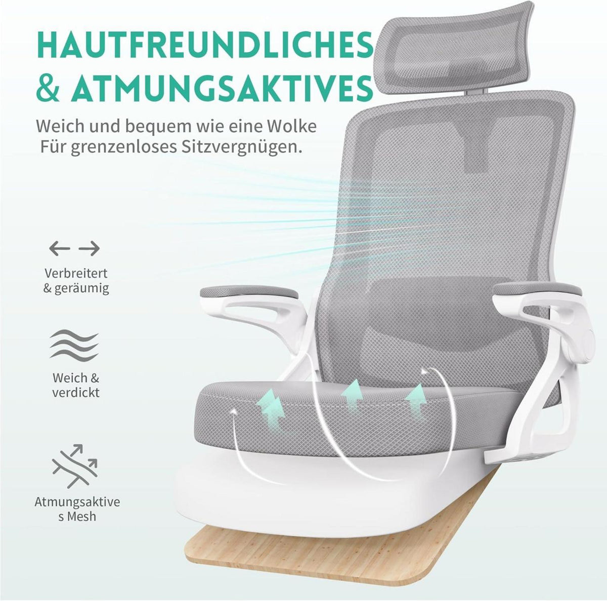 Ergonomischer Bürostuhl mit Verstellbaren Armlehnen & S-förmigem