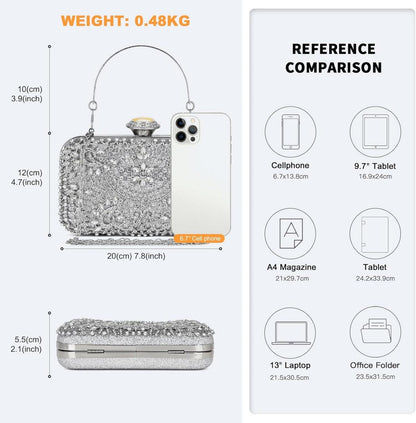 MISS LULU Damen Clutch-Tasche mit Perlenstickerei, silber, Hartschale, abnehmbare Kette